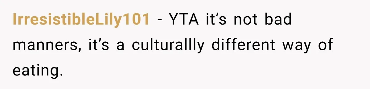 IrresistibleLily101 − YTA it’s not bad manners, it’s a culturallly different way of eating.