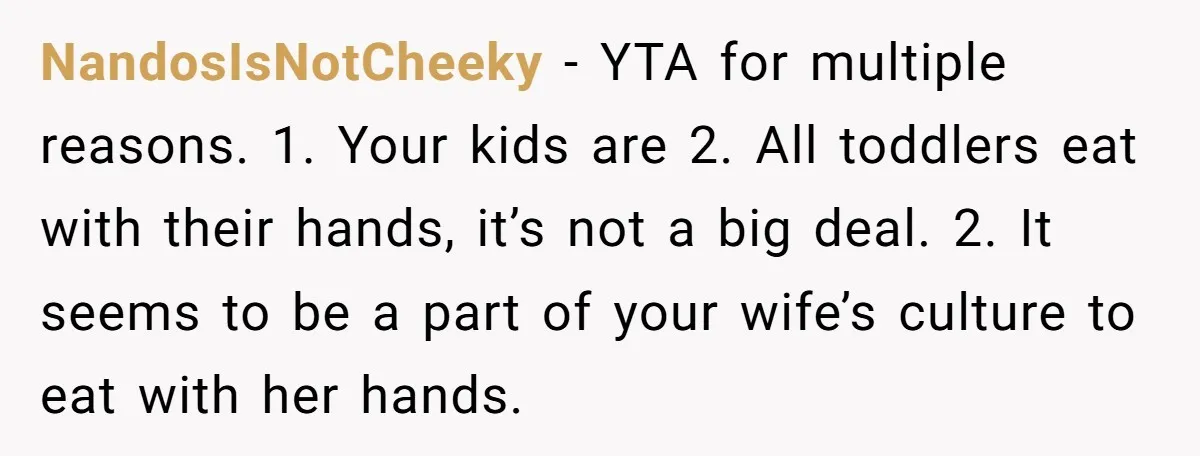 NandosIsNotCheeky − YTA for multiple reasons. 1. Your kids are 2. All toddlers eat with their hands, it’s not a big deal. 2. It seems to be a part of...