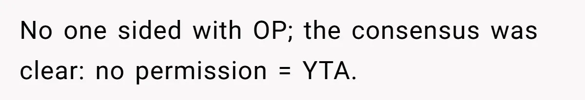 No one sided with OP; the consensus was clear: no permission = YTA.