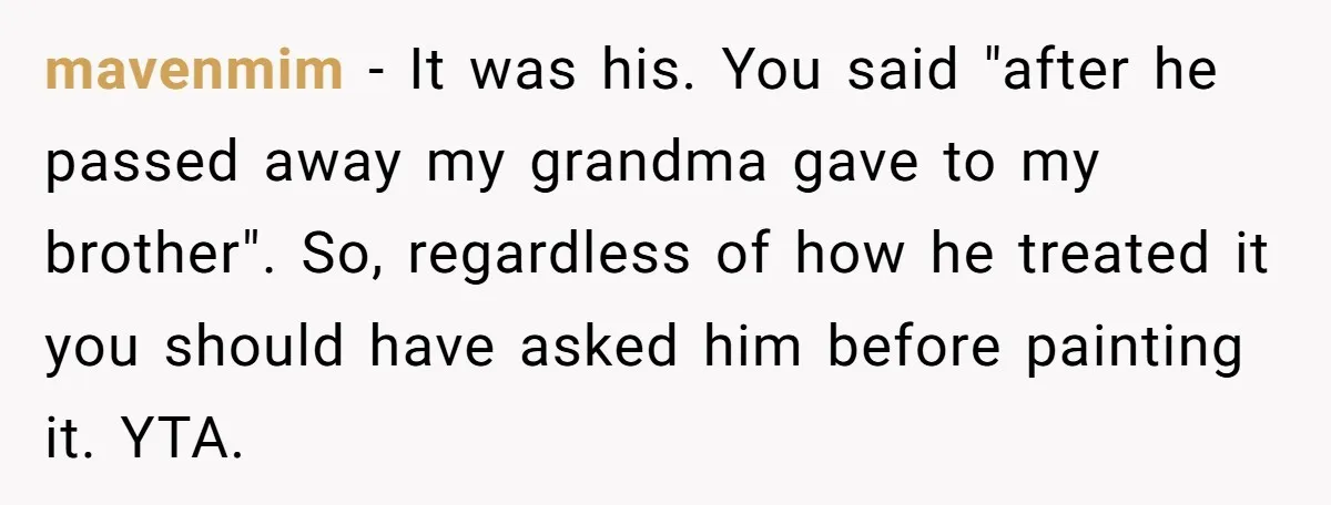 mavenmim − It was his. You said "after he passed away my grandma gave to my brother". So, regardless of how he treated it you should have asked him before...