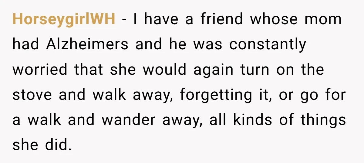 HorseygirlWH − I have a friend whose mom had Alzheimers and he was constantly worried that she would again turn on the stove and walk away, forgetting it, or go...