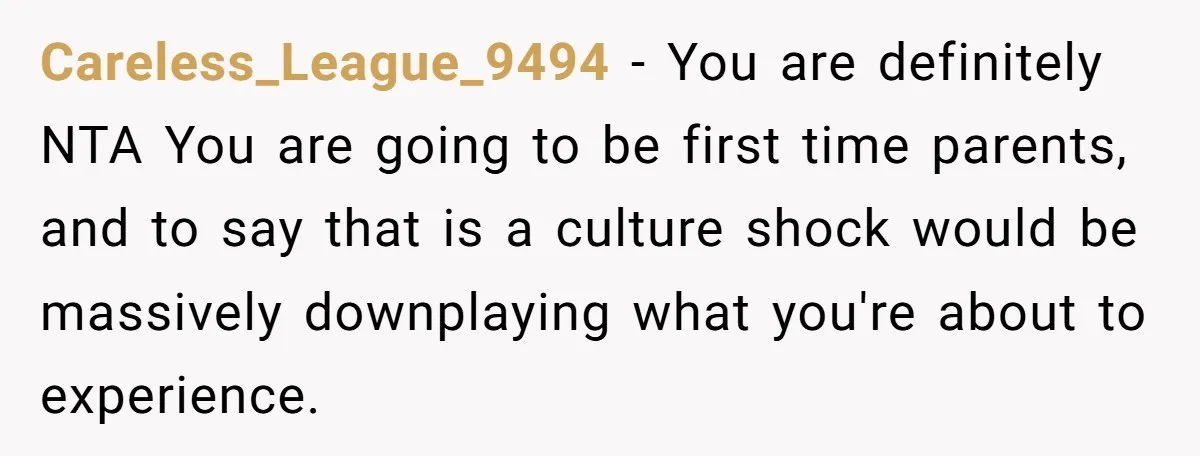 Careless_League_9494 − You are definitely NTA You are going to be first time parents, and to say that is a culture shock would be massively downplaying what you're about to...