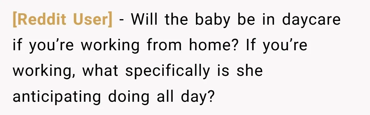 [Reddit User] − Will the baby be in daycare if you’re working from home? If you’re working, what specifically is she anticipating doing all day?