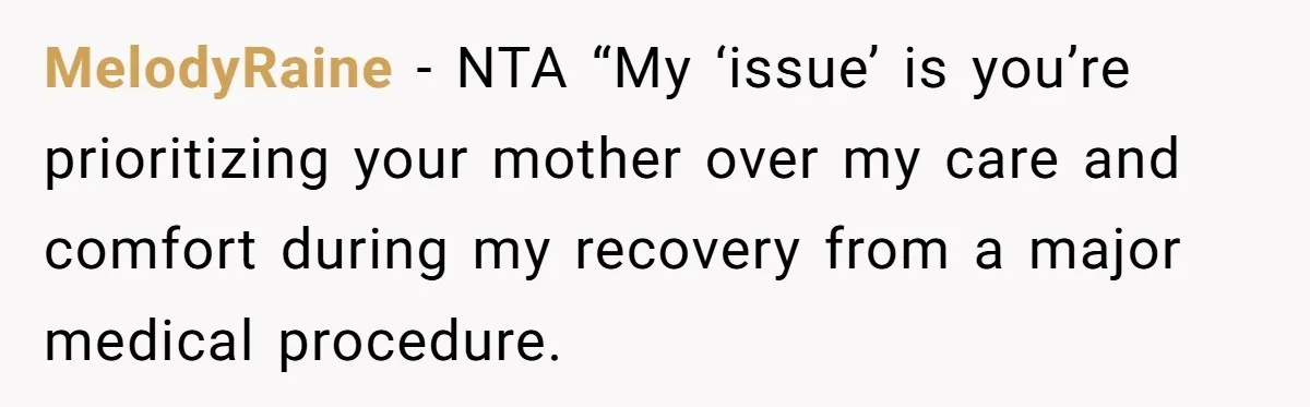 MelodyRaine − NTA “My ‘issue’ is you’re prioritizing your mother over my care and comfort during my recovery from a major medical procedure.