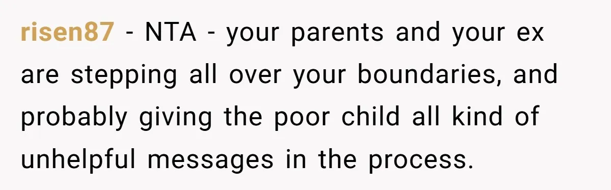 risen87 − NTA - your parents and your ex are stepping all over your boundaries, and probably giving the poor child all kind of unhelpful messages in the process.