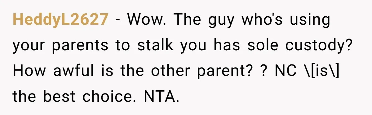 HeddyL2627 − Wow. The guy who's using your parents to stalk you has sole custody? How awful is the other parent? ? NC \[is\] the best choice. NTA.