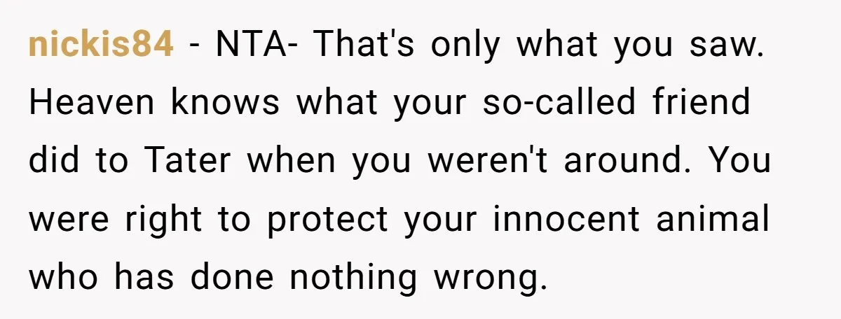 nickis84 − NTA- That's only what you saw. Heaven knows what your so-called friend did to Tater when you weren't around. You were right to protect your innocent animal who...