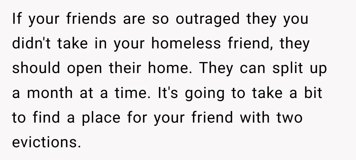 If your friends are so outraged they you didn't take in your homeless friend, they should open their home. They can split up a month at a time. It's going...