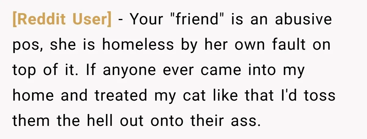 [Reddit User] − Your "friend" is an abusive pos, she is homeless by her own fault on top of it. If anyone ever came into my home and treated my...