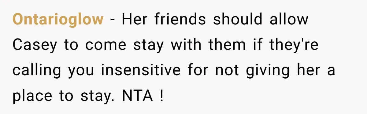 Ontarioglow − Her friends should allow Casey to come stay with them if they're calling you insensitive for not giving her a place to stay. NTA !