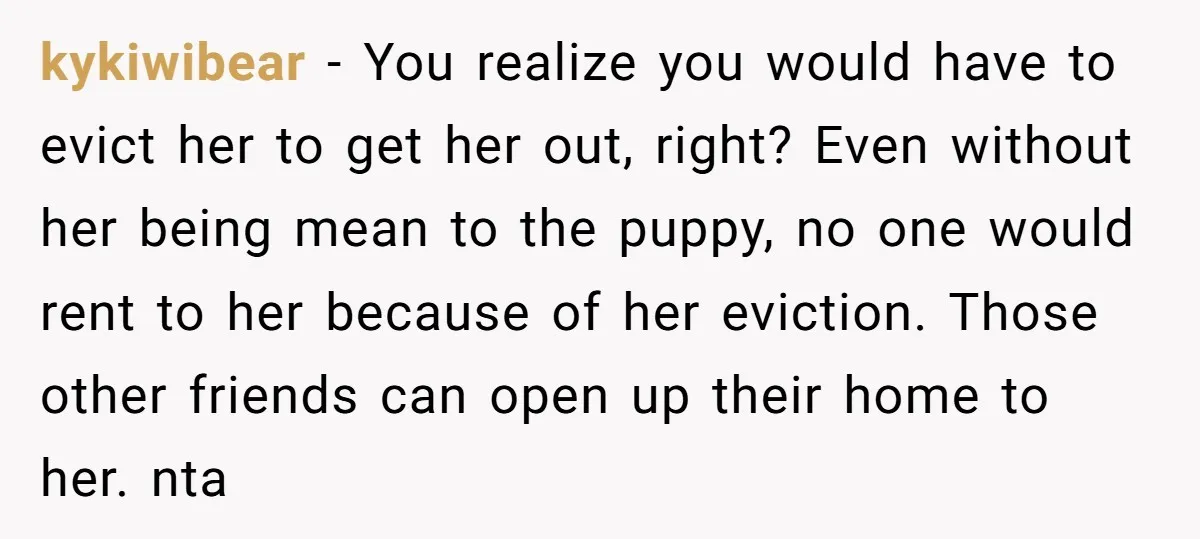 kykiwibear − You realize you would have to evict her to get her out, right? Even without her being mean to the puppy, no one would rent to her because...