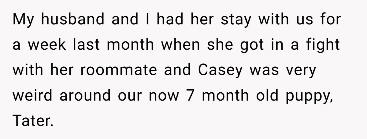 My husband and I had her stay with us for a week last month when she got in a fight with her roommate and Casey was very weird around our...