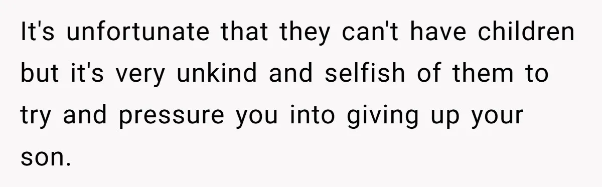It's unfortunate that they can't have children but it's very unkind and selfish of them to try and pressure you into giving up your son.
