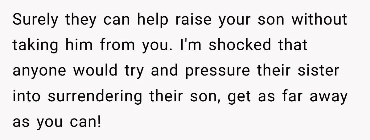 Surely they can help raise your son without taking him from you. I'm shocked that anyone would try and pressure their sister into surrendering their son, get as far away...