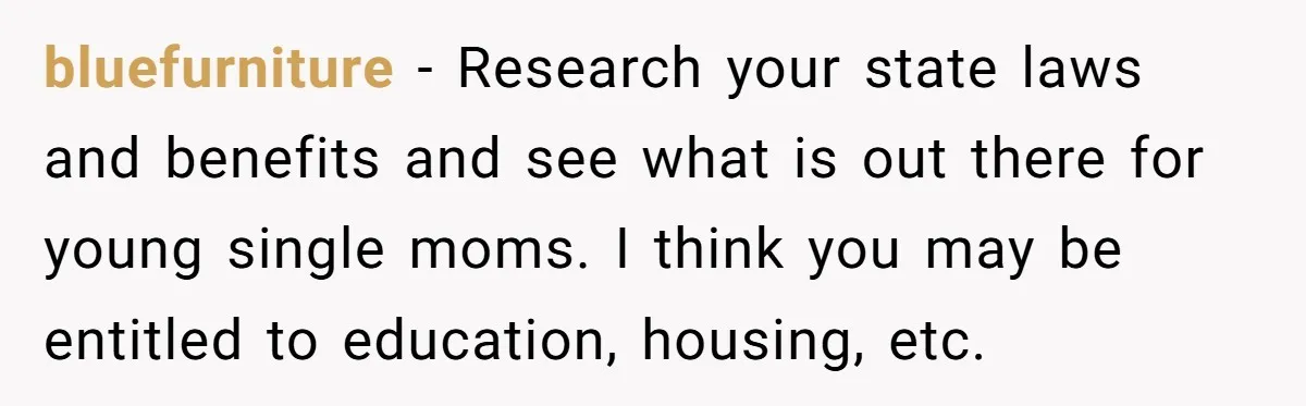 bluefurniture − Research your state laws and benefits and see what is out there for young single moms. I think you may be entitled to education, housing, etc.