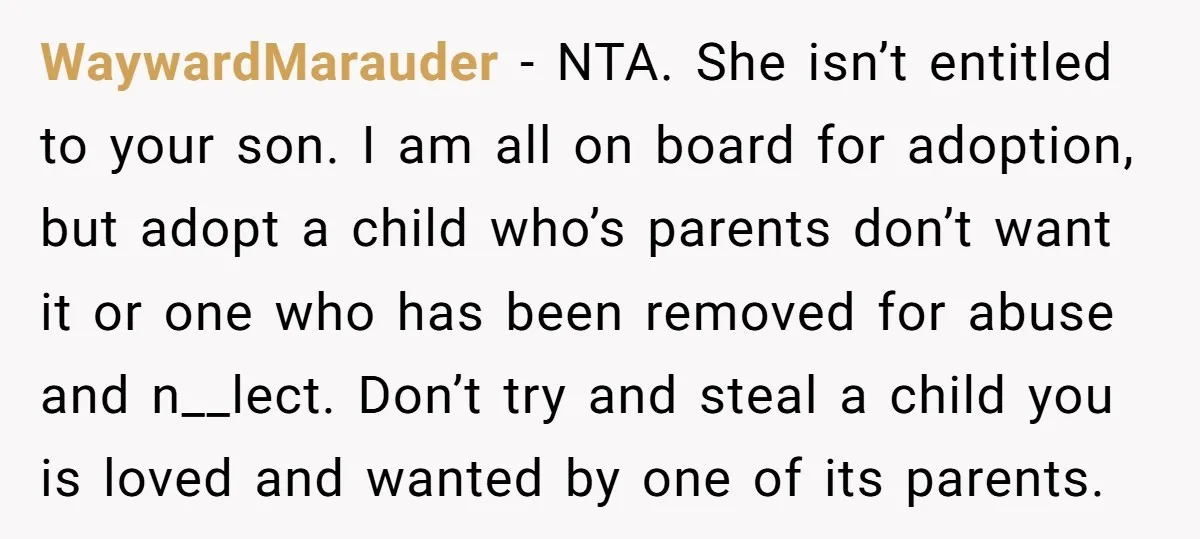 WaywardMarauder − NTA. She isn’t entitled to your son. I am all on board for adoption, but adopt a child who’s parents don’t want it or one who has been...