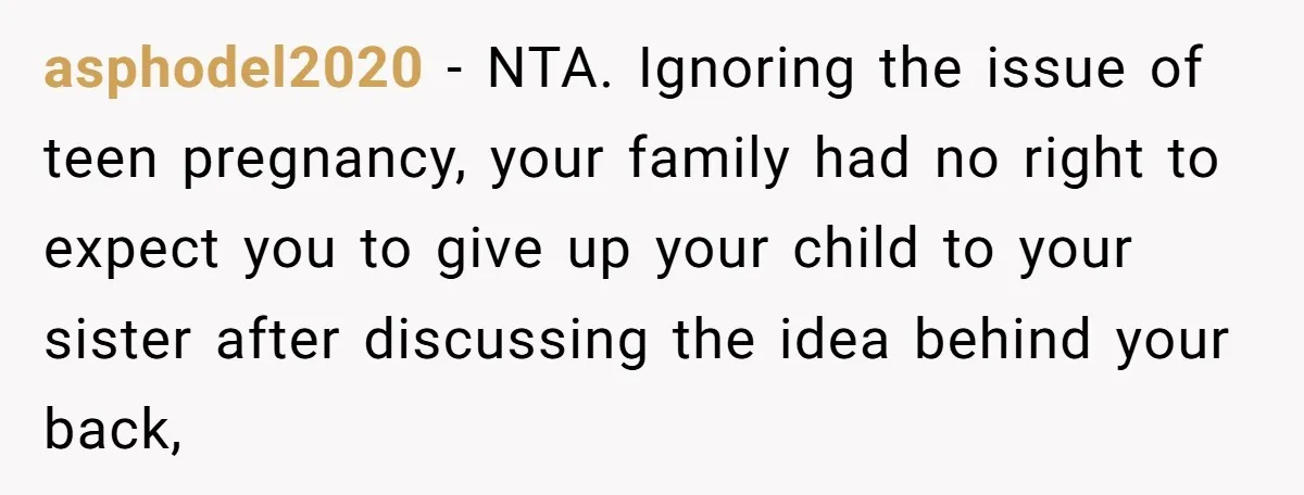asphodel2020 − NTA. Ignoring the issue of teen pregnancy, your family had no right to expect you to give up your child to your sister after discussing the idea behind...