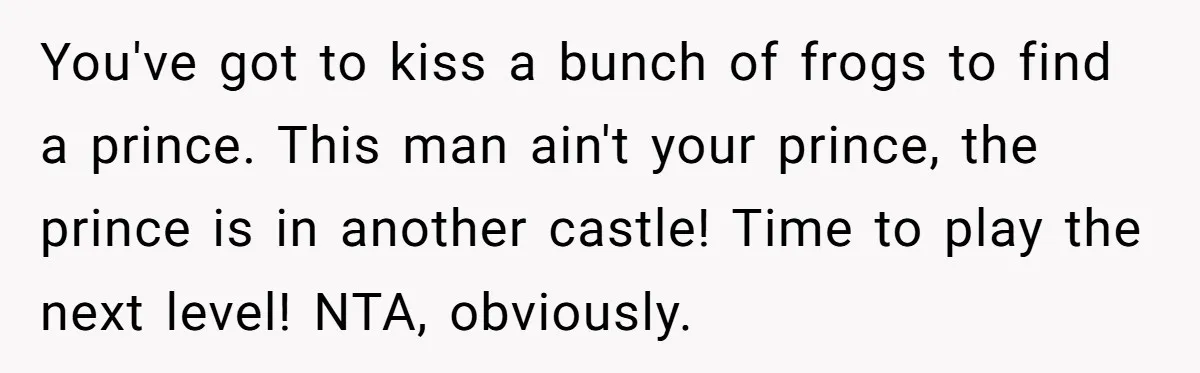 You've got to kiss a bunch of frogs to find a prince. This man ain't your prince, the prince is in another castle! Time to play the next level! NTA,...