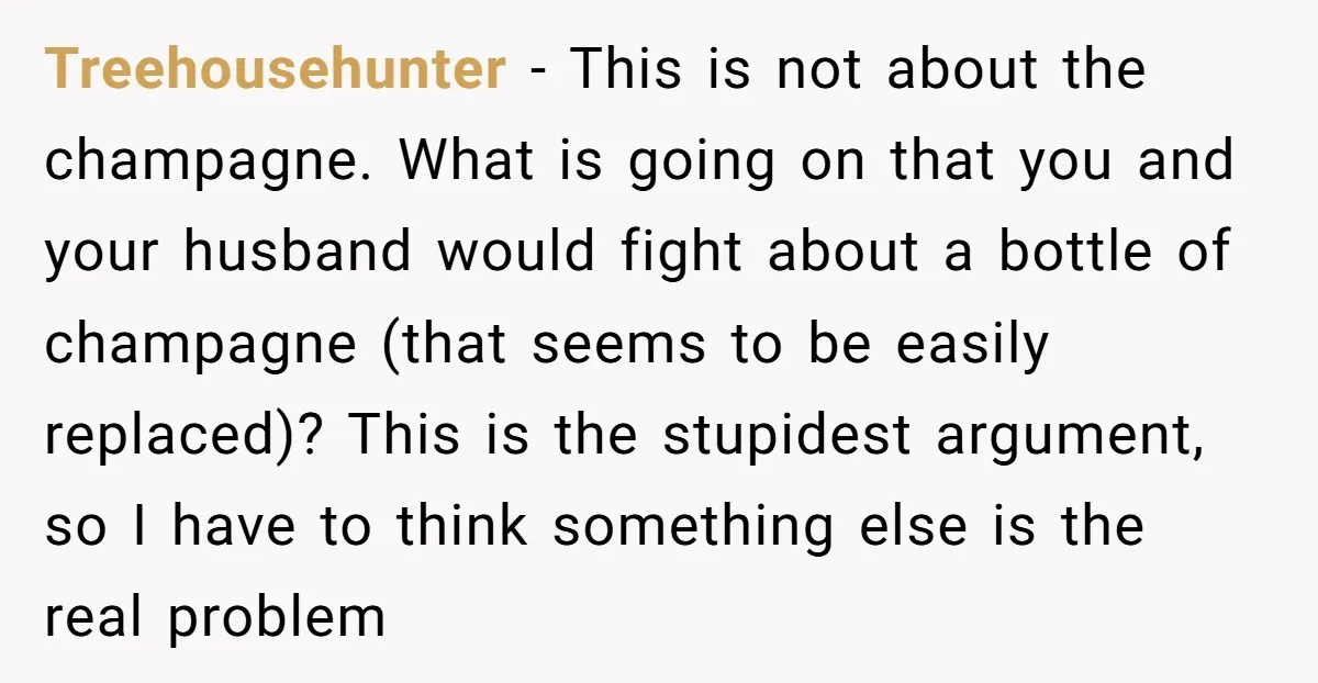 Treehousehunter − This is not about the champagne. What is going on that you and your husband would fight about a bottle of champagne (that seems to be easily replaced)?...