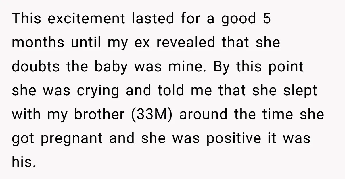 This excitement lasted for a good 5 months until my ex revealed that she doubts the baby was mine. By this point she was crying and told me that she...