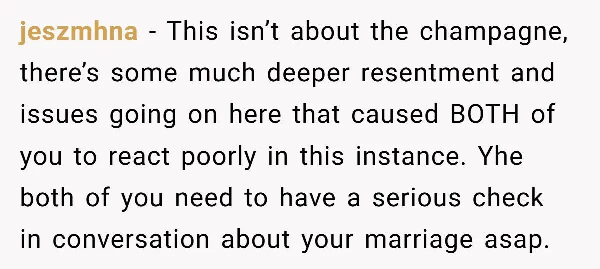 jeszmhna − This isn’t about the champagne, there’s some much deeper resentment and issues going on here that caused BOTH of you to react poorly in this instance. Yhe both...
