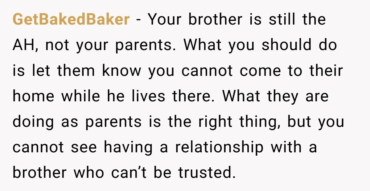 GetBakedBaker − Your brother is still the AH, not your parents. What you should do is let them know you cannot come to their home while he lives there. What...