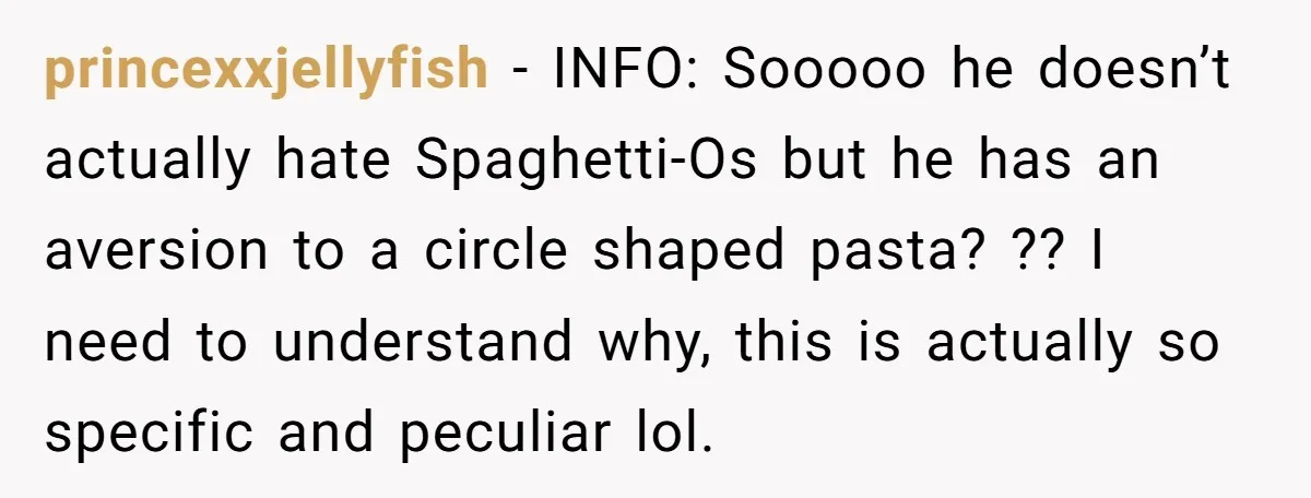 princexxjellyfish − INFO: Sooooo he doesn’t actually hate Spaghetti-Os but he has an aversion to a circle shaped pasta? ?? I need to understand why, this is actually so specific...