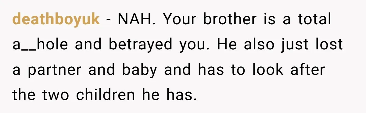 deathboyuk − NAH. Your brother is a total a__hole and betrayed you. He also just lost a partner and baby and has to look after the two children he has.
