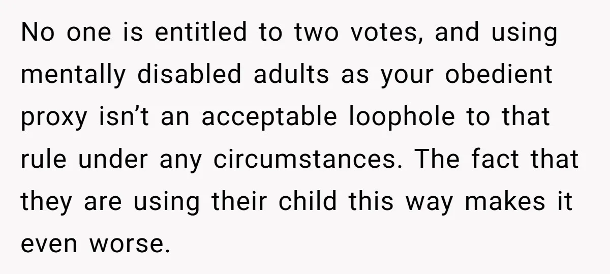 No one is entitled to two votes, and using mentally disabled adults as your obedient proxy isn’t an acceptable loophole to that rule under any circumstances. The fact that they...