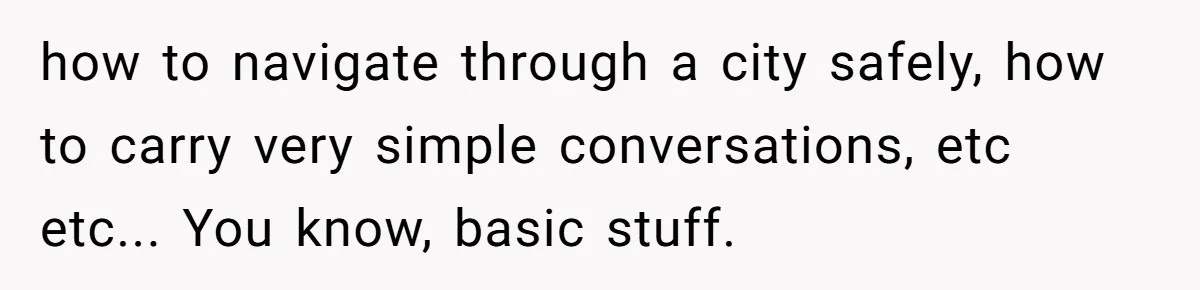 how to navigate through a city safely, how to carry very simple conversations, etc etc... You know, basic stuff.