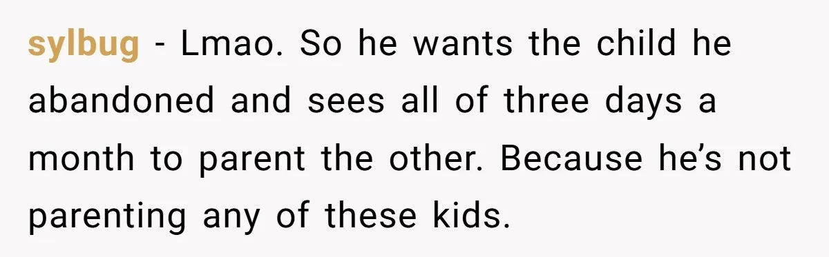 sylbug − Lmao. So he wants the child he abandoned and sees all of three days a month to parent the other. Because he’s not parenting any of these kids.