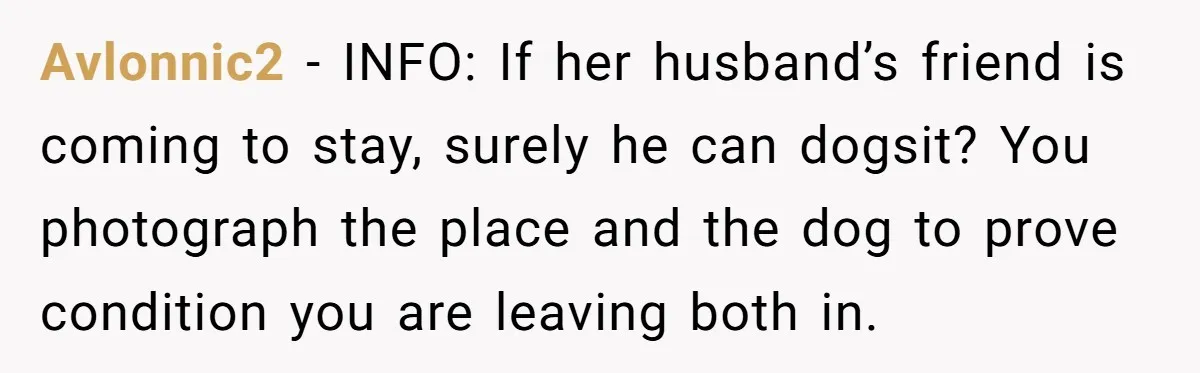 Avlonnic2 − INFO: If her husband’s friend is coming to stay, surely he can dogsit? You photograph the place and the dog to prove condition you are leaving both in.