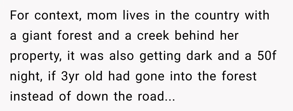 For context, mom lives in the country with a giant forest and a creek behind her property, it was also getting dark and a 50f night, if 3yr old had...