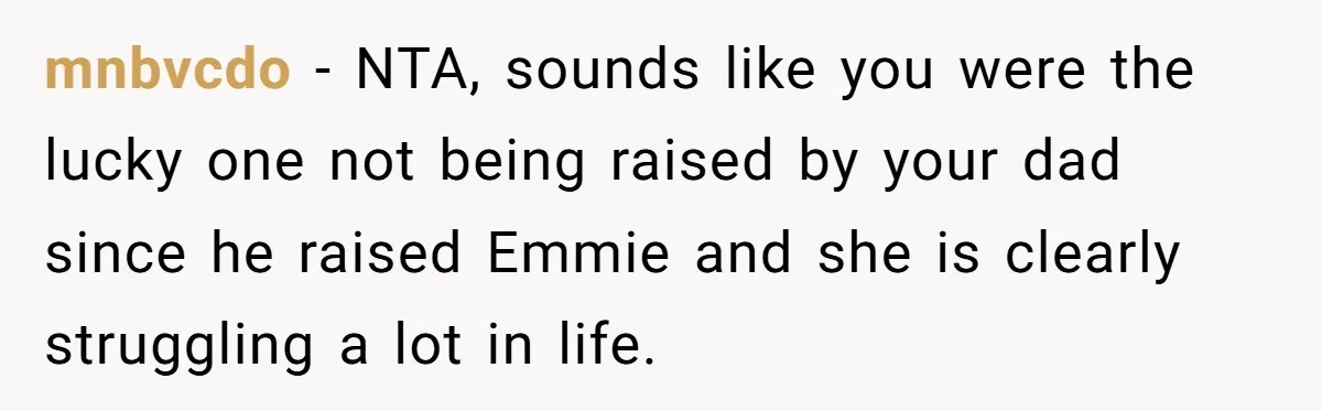 mnbvcdo − NTA, sounds like you were the lucky one not being raised by your dad since he raised Emmie and she is clearly struggling a lot in life.