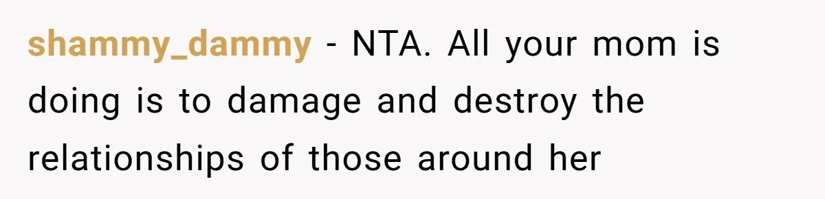 shammy_dammy − NTA. All your mom is doing is to damage and destroy the relationships of those around her