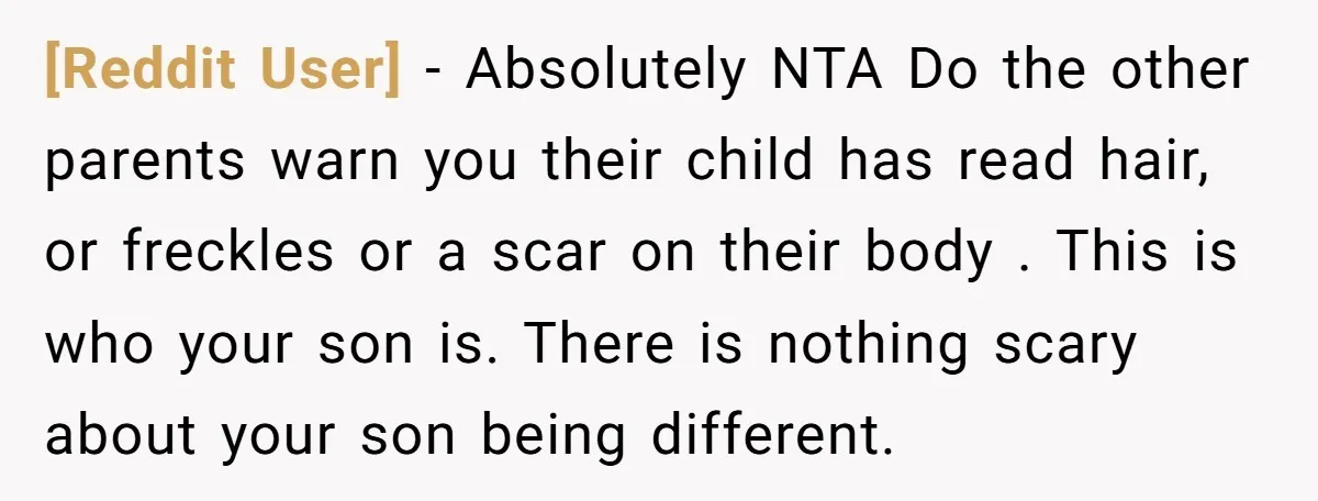 [Reddit User] − Absolutely NTA Do the other parents warn you their child has read hair, or freckles or a scar on their body . This is who your son...