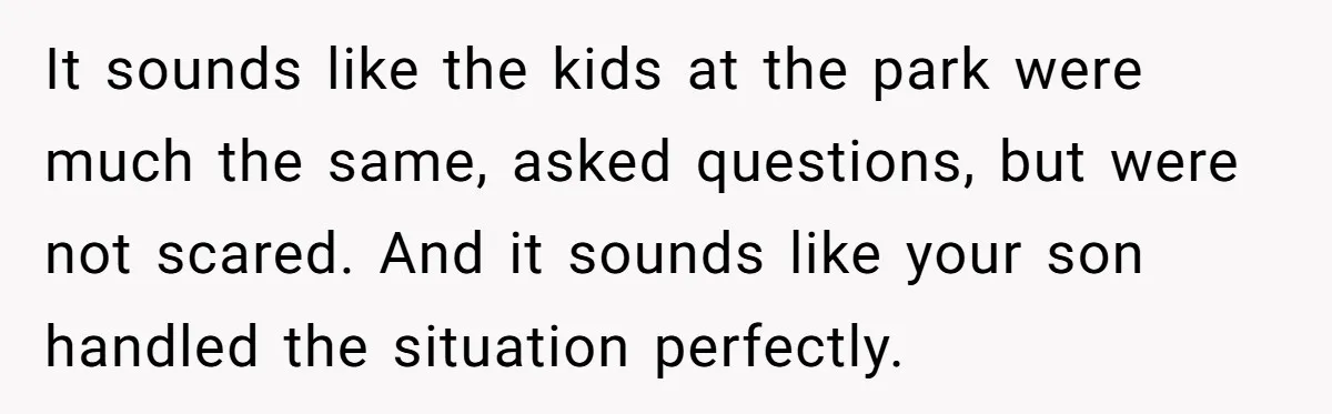 It sounds like the kids at the park were much the same, asked questions, but were not scared. And it sounds like your son handled the situation perfectly.