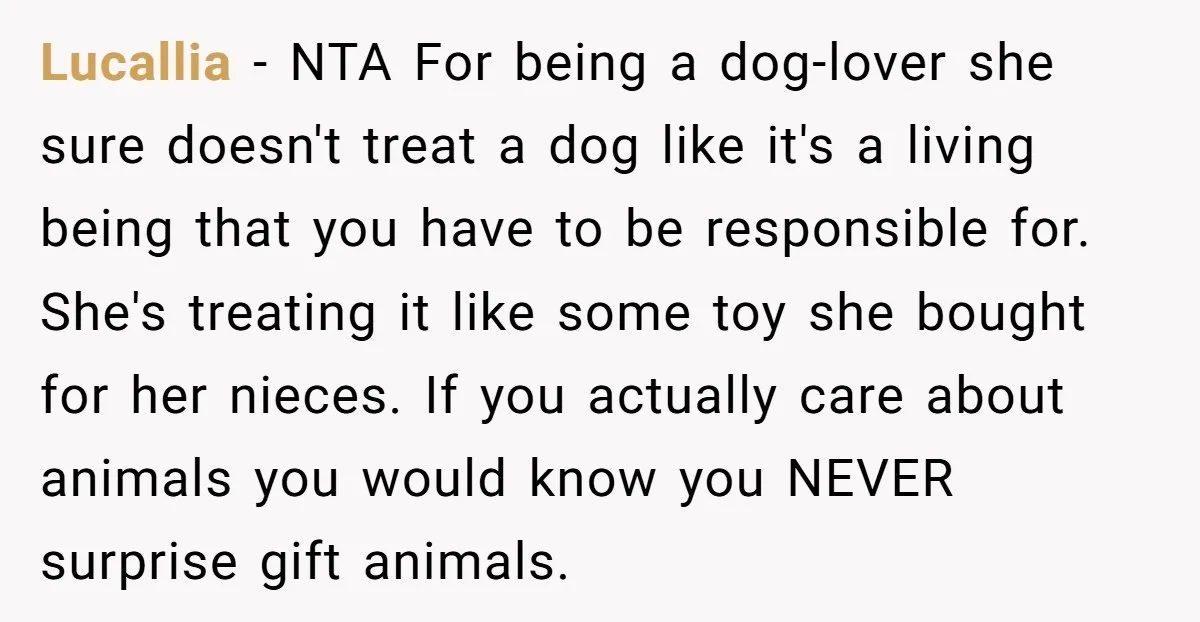 Lucallia − NTA For being a dog-lover she sure doesn't treat a dog like it's a living being that you have to be responsible for. She's treating it like some...