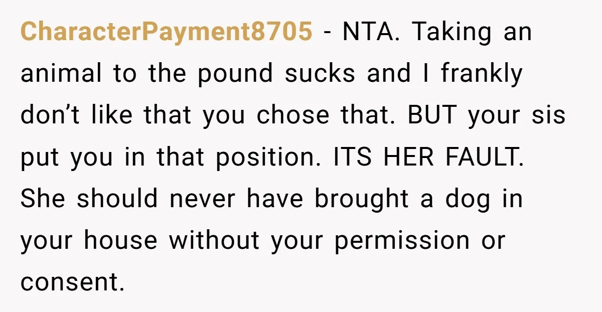 CharacterPayment8705 − NTA. Taking an animal to the pound sucks and I frankly don’t like that you chose that. BUT your sis put you in that position. ITS HER FAULT....