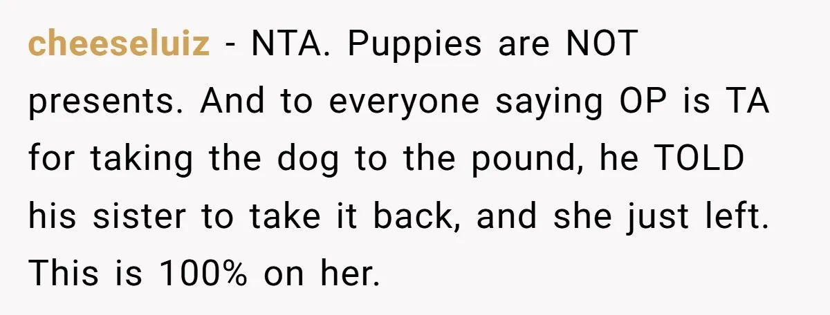 cheeseluiz − NTA. Puppies are NOT presents. And to everyone saying OP is TA for taking the dog to the pound, he TOLD his sister to take it back, and...