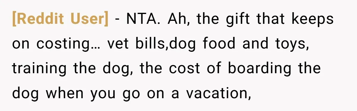 [Reddit User] − NTA. Ah, the gift that keeps on costing… vet bills,dog food and toys, training the dog, the cost of boarding the dog when you go on a...