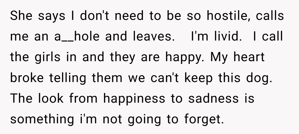 She says I don't need to be so hostile, calls me an a__hole and leaves. I'm livid. I call the girls in and they are happy. My heart broke telling...