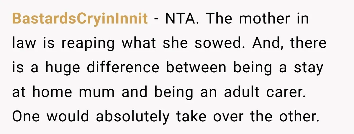 BastardsCryinInnit − NTA. The mother in law is reaping what she sowed. And, there is a huge difference between being a stay at home mum and being an adult carer....