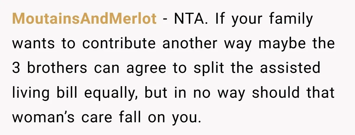 MoutainsAndMerlot − NTA. If your family wants to contribute another way maybe the 3 brothers can agree to split the assisted living bill equally, but in no way should that...