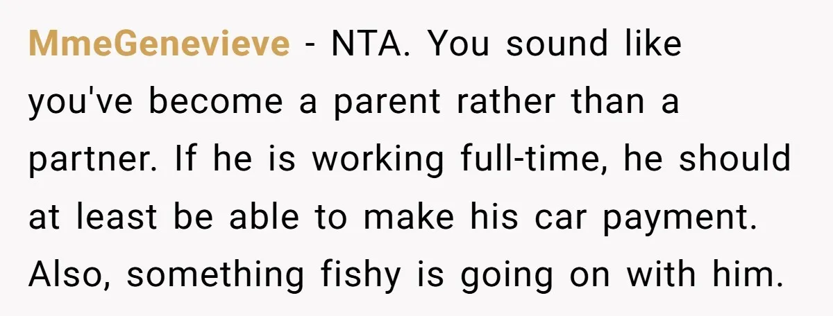 MmeGenevieve − NTA. You sound like you've become a parent rather than a partner. If he is working full-time, he should at least be able to make his car payment....