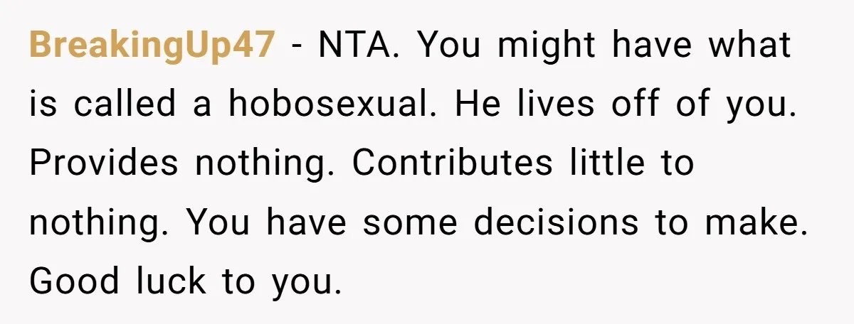 BreakingUp47 − NTA. You might have what is called a hobosexual. He lives off of you. Provides nothing. Contributes little to nothing. You have some decisions to make. Good luck...