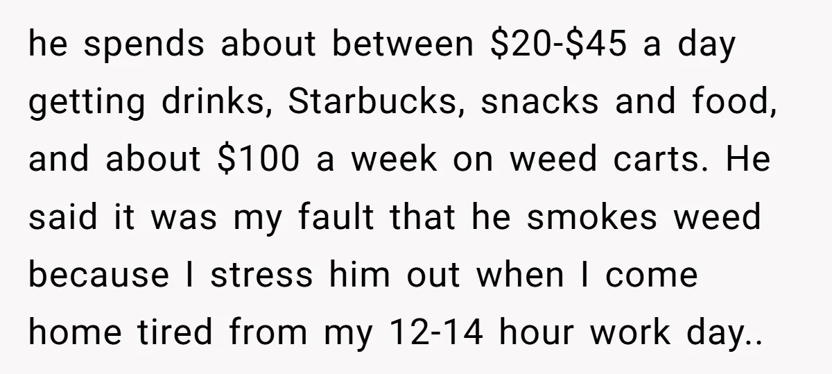 he spends about between $20-$45 a day getting drinks, Starbucks, snacks and food, and about $100 a week on weed carts. He said it was my fault that he smokes...