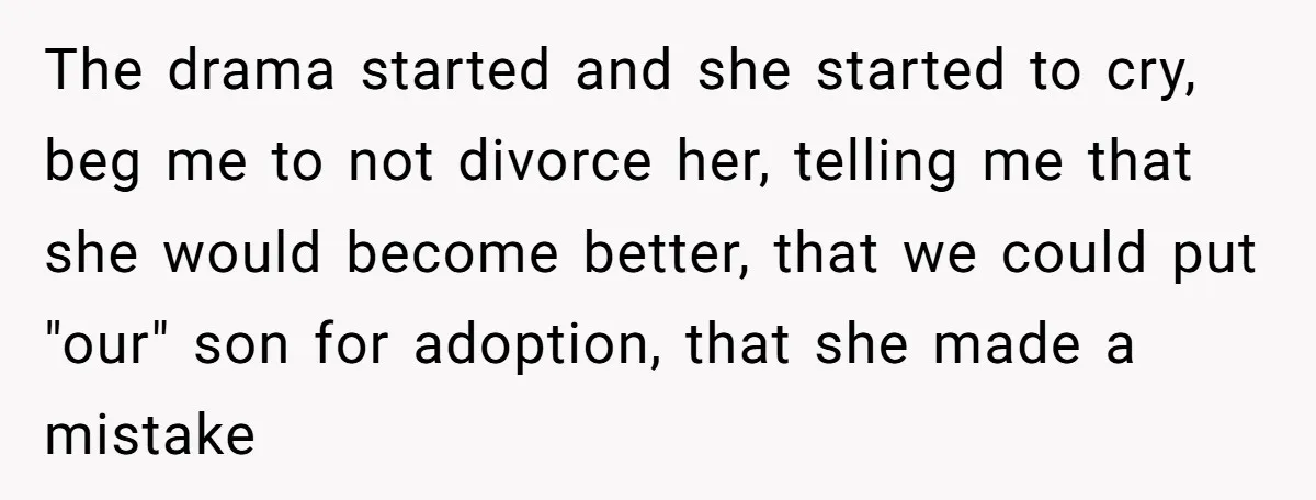 The drama started and she started to cry, beg me to not divorce her, telling me that she would become better, that we could put "our" son for adoption, that...