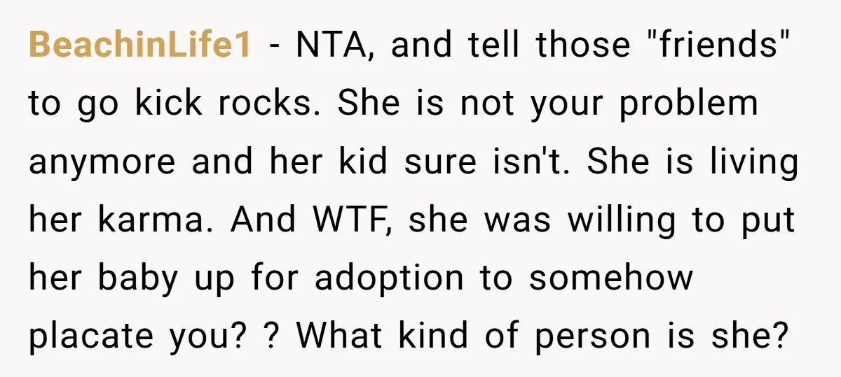 BeachinLife1 − NTA, and tell those "friends" to go kick rocks. She is not your problem anymore and her kid sure isn't. She is living her karma. And WTF, she...