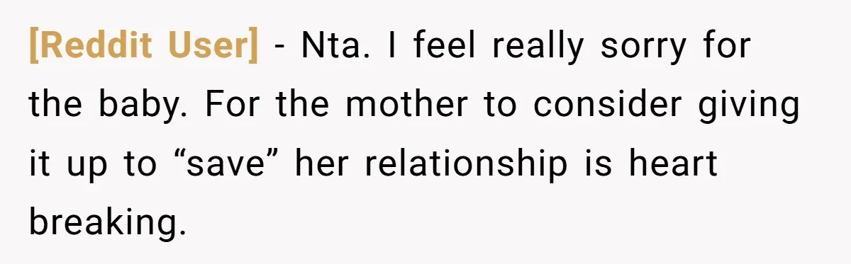[Reddit User] − Nta. I feel really sorry for the baby. For the mother to consider giving it up to “save” her relationship is heart breaking.